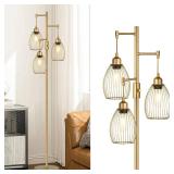 Dimmable Floor Lamp, Industrial Floor Lamps for Living Room, Gold Tree Lamp Standing Lamp Tall Lamps with 3 Elegant Teardrop Cage Head & 800 Lumens LED Bulbs for Living room Bedroom Office Dining Room