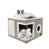 Cat Beds for Indoor Cats - Foldable Cat Hideaway with Hanging Fluffy Ball and Scratch Pad, Large Cat Bed Cave with Reversible Cushion for Multi Small Pet Kitten, Green