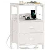 Furologee End Table with Charging Station, Nightstand with Fabric Drawers, Side Tables with USB Ports & Outlets, Night Stand with Storage Shelf & Hooks, for Living Room/Bedroom, White