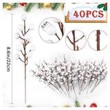 Rowfad 40 Pcs Artificial Berry Stems Branches, Christmas White Faux Holly Berries Picks Ornaments for Christmas Tree Wreath DIY Craft Decorations Holiday Home Decor (40, White)