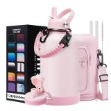 Half Gallon Water-Bottle with Straw - Pop-up Chug Lid (Cold 48H & Hot 24H) 64oz Insulated Water Bottle Flask with Sleeve Strap, Paracord Handle, Bottle Boot, Pink Stainless Steel Metal Water Jug