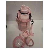 Half Gallon Water-Bottle with Straw - Pop-up Chug Lid (Cold 48H & Hot 24H) 64oz Insulated Water Bottle Flask with Sleeve Strap, Paracord Handle, Bottle Boot, Pink Stainless Steel Metal Water Jug