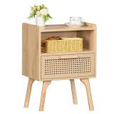 Lerliuo Rattan Nightstand, Boho Side Table with Drawer Open Shelf, Cane Accent Bedside End Table with Solid Wood Legs for Bedroom, Dorm and Small Spaces (Natural)