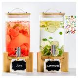 1.2 Gallon Large Glass Drink Dispenser For Parties, Beverage Dispenser with Bamboo Wood Stand and Stainless Steel Spigot, Juice, Lemonade, Water jug dispenser, Laundry Detergent Dispenser (2 PACK)