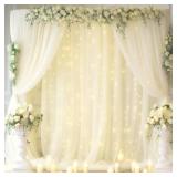 30x10ft Ivory Tulle Backdrop Curtain with Lights String for Parites, Sheer Backdrop Curtains for Wedding Baby Shower Birthday Party Photo Shoot Decorations