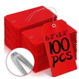 100 Plastic Shipping Tags - Red, 6 1/4" x 3 1/8", Waterproof, Durable, Reinforcement Hole, Stacking Labels for Equipment Parts