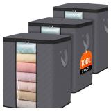 SpaceWhisper 3 Pack 100L Clothes Storage, Foldable Thick Fabric Blanket Storage Bags, Containers for Organizing Bedroom, Closet, Clothing, Comforter,Closet Organization with Handle,Grey