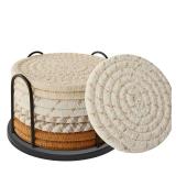 Lazebox Coasters Set of 8 for Drinks, Beer, Coffee, Cotton Woven 4 Colors Absorbent Coaster with Holder, Boho Coasters for Home Decor Tabletop Protection Suitable for Kinds of Cups, Coffee