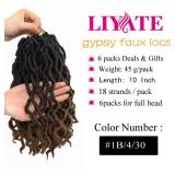 Faux Locs Crochet Hair 10 Inch 6 Packs 3 Tone Ombre Brown Goddess Locs Crochet Hair for Black Women, Prelooped Gypsy locs Crochet Hair for Wavy Dreadlocks Crochet Hair Extensions, 1B/4/30