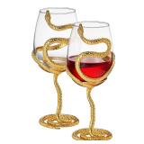 Stemmed Snake Wine Glasses, Set of 2 Glass, 19oz 10 Inch Tall Gothic Reptile Goblet - Gold Spooky DÃ©cor Skeleton Inspired Gifts Graveyard Themed Parties Seasonal Entertaining & Unique Gift