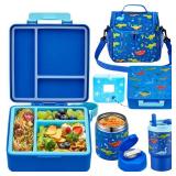 Bento Lunch Box for Kids with 17oz Soup Thermo,Insulated Tumbler Water Bottle and Insulated Lunch Bag,Leak-Proof 3 Compartment Lunch Food Container with Ice Pack for Kids to School-Dinosaur