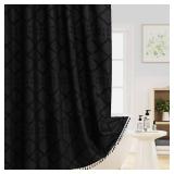 Craidlela Extra Long Black Boho Woven Fabric Shower Curtain with Tassel 72 x 84, Bohemia Tufted Chevron Striped Chic Textured, Waterproof Cloth Curtain for Bathroom, Modern Farmhouse Minimalist
