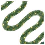 WATERGLIDE 49FT Lighted Christmas Green Garland with 100 Count Clear String Lights, Pre-lit Long Artificial Greenery Garlands, Plug in Holiday Decorative Lights for Indoor Outdoor Decor