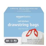 Amazon Basics Scented Trash Bags, Tall Kitchen Drawstring, Clean Fresh Scent, 13 Gallon, 200 Count, Pack of 1