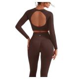 SUUKSESS Women 2 Piece Open Back Seamless Workout Sets Scrunch Butt Gym Leggings Built in Bra Crop Yoga Top (Brown,L)