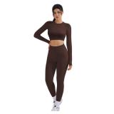 SUUKSESS Women 2 Piece Open Back Seamless Workout Sets Scrunch Butt Gym Leggings Built in Bra Crop Yoga Top (Brown,L)