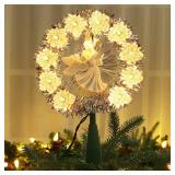 Brizled Christmas Tree Topper, 8\" Lighted Angel Tree Topper with 11 Count Lights, Siver Tinsel Wreath Tree Toppers, Warm Lighted Angel Tree Topper with 10 Flowers, Plug in Treetop for Christmas Tree