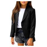 Girls Solid Color Lapel Suit Coat Button Down Long Seelve Blazer Jacket Black 160