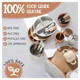 24 Pack Silicone Baby Feeding Set Baby LED Weaning Supplies Includes Suction Divided Plates Soft Bowl Spoons Forks Adjustable Bib Snack Cup and Straws(Walnut Color, Beige, Smoky Gray)