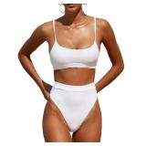 MELYUM High Waisted Bikini Sets for Women Two Piece Swimsuit Tummy Control Bathing Suit Cheeky Bottoms Push Up Top White L