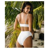 MELYUM High Waisted Bikini Sets for Women Two Piece Swimsuit Tummy Control Bathing Suit Cheeky Bottoms Push Up Top White L