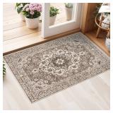 Washable Oriental Area Rug - 2x3 Rugs for Living Room Soft Carpet for Bedroom Waterproof Floral Distressed Indoor Stain Resistant Non-Shedding Floor Carpets (Beige, 2x3)