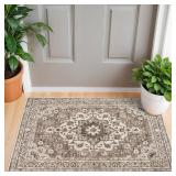 Washable Oriental Area Rug - 2x3 Rugs for Living Room Soft Carpet for Bedroom Waterproof Floral Distressed Indoor Stain Resistant Non-Shedding Floor Carpets (Beige, 2x3)