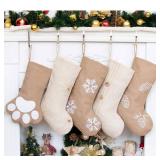 GEX Christmas Stockings 5 Packs for Family 18.5\" Large Linen Embroidery Classic Christmas Stockings Burlap Minimalist Rustic Large Hanging Ornament Decorations for Fireplace Xmas Season (Set of 5)