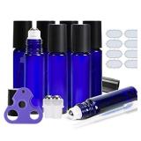 ULG Roll on Bottles 10ml Blue Glass Empty Bottles 8 Pack with Stainless Steel Roller Ball 2 Extra Balls 8 Piece Waterproof Labels 1 Opener and 3ml Dropper for Essential Oils