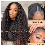 V Part Wig Human Hair Deep Wave No Leave Out Upgrade U Part Wigs for Black Women 180% Density Glueless Curly V Part Human Hair Wigs No Glue No Sew Clip In Half Wig Beginner Friendly (22 Inch)