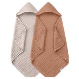 SWEET DOLPHIN Muslin Hooded Baby Bath Towels - 2 Pack 100% Cotton Towel for Babies, Infants, Toddlers - 32x32Inch - Highly Absorbent and Newborn Essential, Light Bean Paste