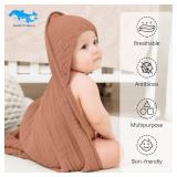 SWEET DOLPHIN Muslin Hooded Baby Bath Towels - 2 Pack 100% Cotton Towel for Babies, Infants, Toddlers - 32x32Inch - Highly Absorbent and Newborn Essential, Light Bean Paste