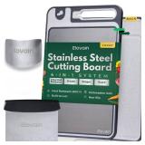 Elovain 3-Piece Stainless Cutting Board Kitchen Set - Double Sided Stainless Steel Chopping Board With Sharpener Scraper And Finger Guard, Non Slip Edges, Dishwasher Safe Over Sink With Lip