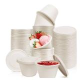 Arcccky 100 Pack 4oz Disposable Natural Bagasse Fiber Cups with Lids, Ice Cream Cups, Recycleable Paper Bowls for Sauce, Condiment, Salad Dressing, Souffle, Nuts (White)