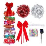 Colingmill Christmas Lamp Post Light Decorations with 8 Merry Christmas Yard Wooden Signs 16.4ft 50led Solar Light String 2 Xmas Tinsel Garlands Red Velvet Bow for Outdoor Holiday Post Lamp Yard Decor