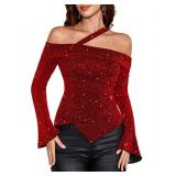 BeryLove Sparkly Burgundy Tops for Women Off The Shoulder Long Sleeve Party Shirts Sexy Rhinestone Shiny Asymmetrical Fitted Cocktail Evening Formal Blouses LT1013 Burgundy M