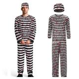 IROOZIGOTO Prisoner Costume Men Jail Inmate Uniform Striped Criminal Convict Horror Bloody Jailbird Halloween Cosplay Outfit