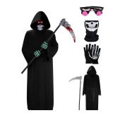 Halloween Grim Reaper Costumes for Boys Adult Grim Reaper Costume Kids 5Pcs Set Scary Ghost Cosplay Outfit Favors Gift (Kid-Small)