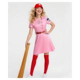 ZapLute Women Pink Baseball Dress League Costume Halloween Cosplay Dresses for Women Uniform Set with Baseball Cap Belt Inflatable Baseball Bat (M)