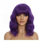Mxayhnajxl Dark Purple Wigs with Bangs for Women 14 Inch Short Wavy Bob Wigs Synthetic Bob Wig Curly Wig Heat Resistant Colorful Wavy Wig Cosplay Wigs For Daily Party Halloween