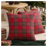AQOTHES Pack of 2 Christmas Plaid Decorative Throw Pillow Covers Scottish Tartan Cushion Case for Farmhouse Home Holiday Decor Red and Green, 18 x 18 Inches