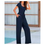 BTFBM Womens Spring 2 Piece Outfits 2026 Square Neck Short Sleeve Bodysuit Drawstring Pants Knit Lounge Matching Sets(Navy, Small)