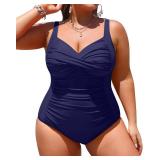Yonique Women Plus Size One Piece Swimsuits Tummy Control Bathing Suits Twist Front Ruched Swimwear Navy Blue 20W