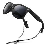 RIVBOS Kids Sunglasses Boys&girls with Strap Polarized Rubber Flexible Shades for Toddler and Children Age 3-10 RBK004-2 Black