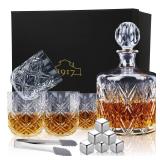 Crystal Whiskey Decanter Set for Men, Premium 37 Oz Decanter with 4 Whiskey Glasses, Whiskey Stones, Tongs - Classic Liquor Decanter for Scotch, Bourbon, Vodka, and More - Perfect for Home Bar