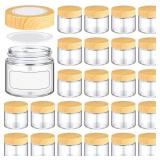 Layhit 24 pcs 2oz Glass Jars with Lids Clear Small Jars with Plastic Woodgrain Lids, White Labels and Inner Liners Empty Round Cosmetic Containers for Creams Lotions Candle Making