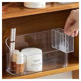 SUNFICON Makeup Tray Holder Organizer Cosmetic Display Case Tabletop Desktop Vanity Countertop Bathroom Wall Cabinet Medicine Storage Box 9 Dividers 2 Removable for Womens Ladies Girls Crystal Clear