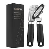 Beneno Heavy Duty Hand Can Opener Manual with Magnet, Durable Sharp Carbon Steel Blade Smooth Cutting, Big Effort-Saving Knob & Soft Grip Handle, Multifunctional Kitchen Tool with Bottle Opener, Black