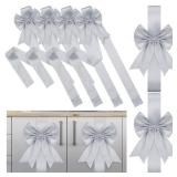 Syhood 8 Pieces Christmas Cabinet Big Bows Door Decorative Ribbon Festive Large Cabinet Ribbon Bows for Kitchen Cabinets Furniture Room Decorations (Silver)