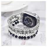 MOFREE Beaded Bracelet Compatible with Apple Watch Band 38mm/40mm/41mm/42mm, Fashion Elastic Stretch Women Bands for iWatch Series 11/10/9/8/7/SE/6/5/4/3/2/1 iPhone Watch Strap Bands (Black/Silver)